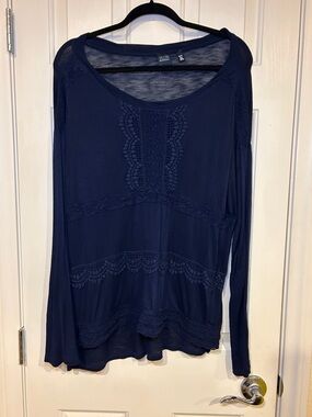 Saks Fifth Avenue Navy Long-Sleeve with Crochet-Trim Top